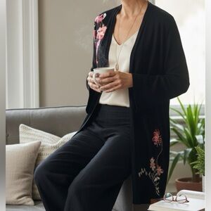 ALFANI Black Floral Embroidered Open-Front Cardigan